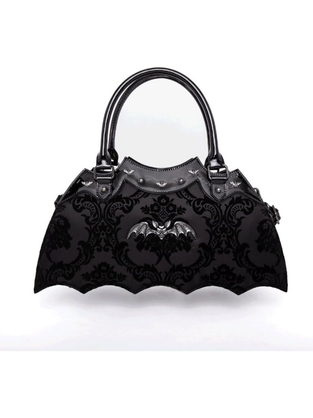 Stylish Bat Shaped Handbag with Damask Print & Metal Details, Includes Shoulder